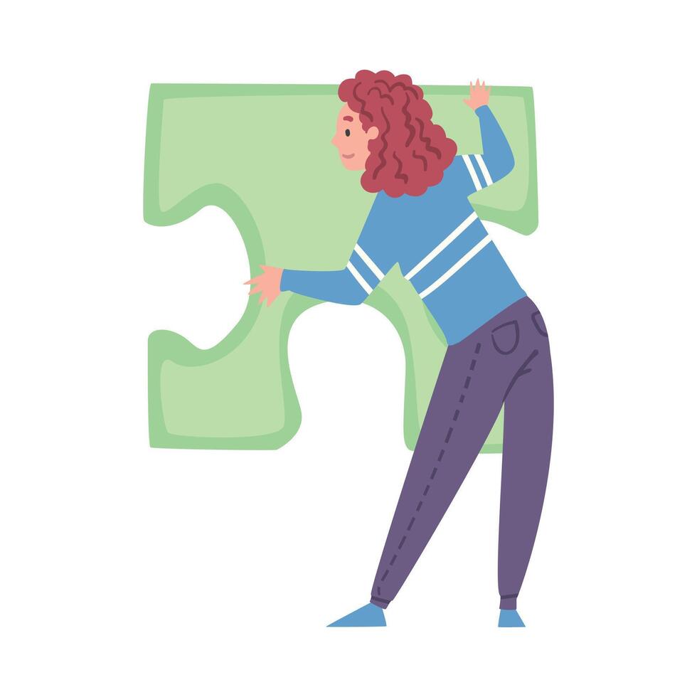 Back View of Woman Solving Jigsaw Puzzle, Girl Trying to Connect Big Green Puzzle Element Cartoon Style Illustration vector
