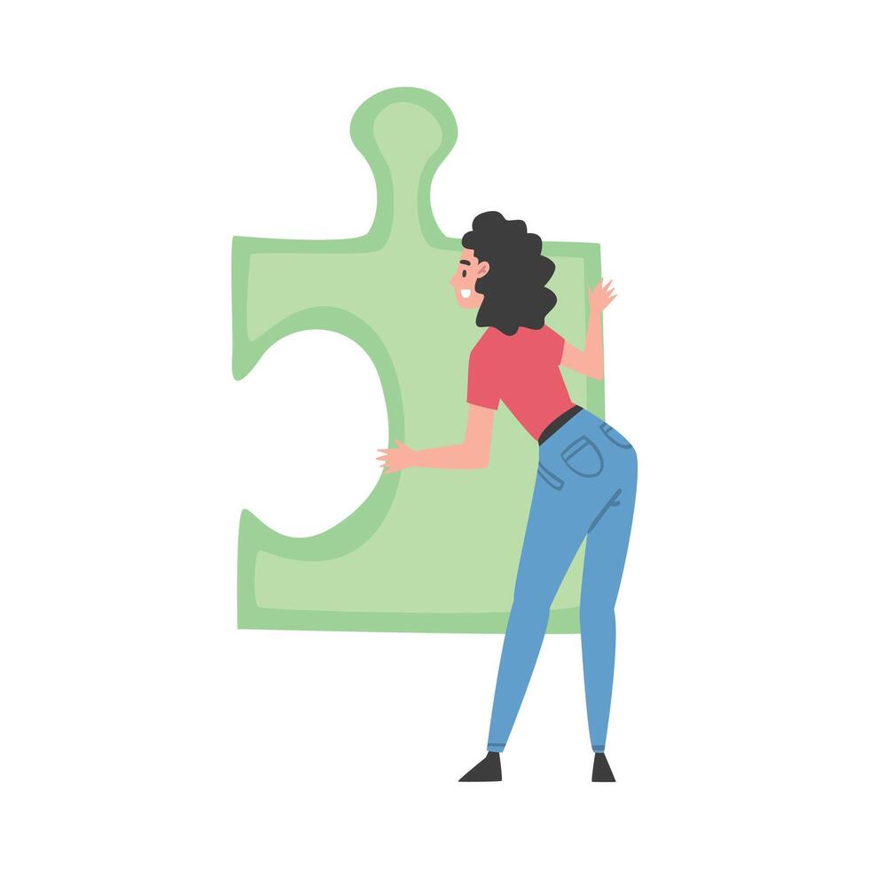Beautiful Young Woman Solving Jigsaw Puzzle, Back View of Girl Trying to Connect Big Green Puzzle Element Cartoon Style Illustration vector