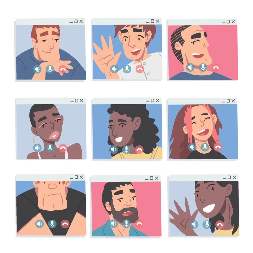 People Talking to Each Other on Computer Screen Set, Friends or Colleagues Having Conference Calls, People Working from Home, Social Distancing Concept Illustration vector