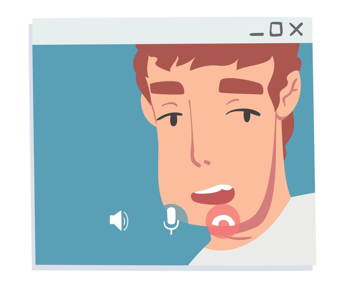 Young Man Having Call, People Talking to Each Other on Computer Screen, Working from Home, Social Distancing Concept Illustration vector