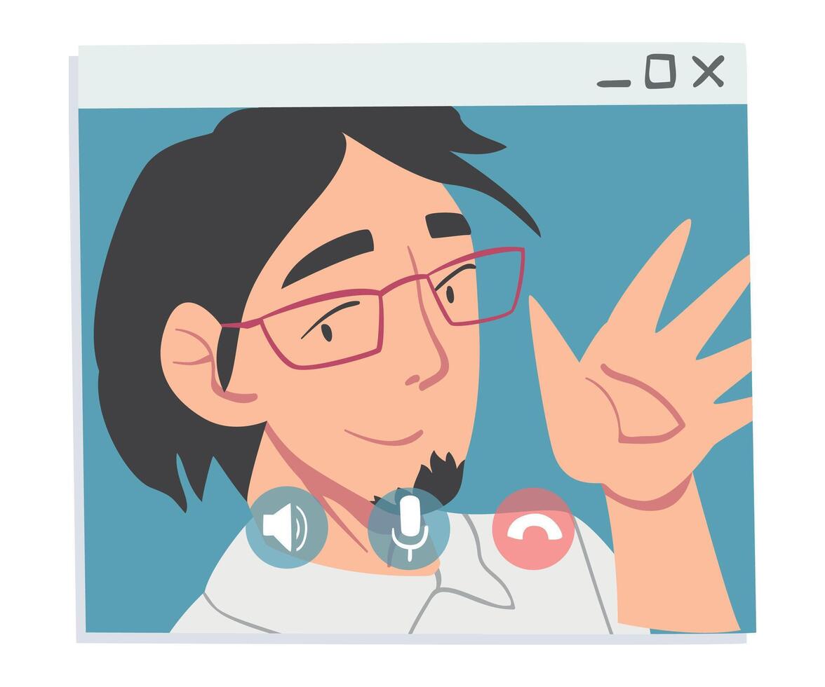 Guy Having Call, Young Man Waving his Hand from Computer Screen, People Chatting Online, Working from Home, Social Distancing Illustration. vector