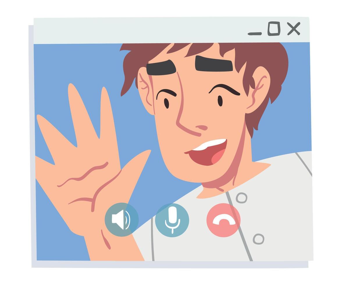 Boy Having Call, Guy Waving his Hand from Computer Screen, People Chatting Online, Working from Home, Social Distancing Concept Illustration vector