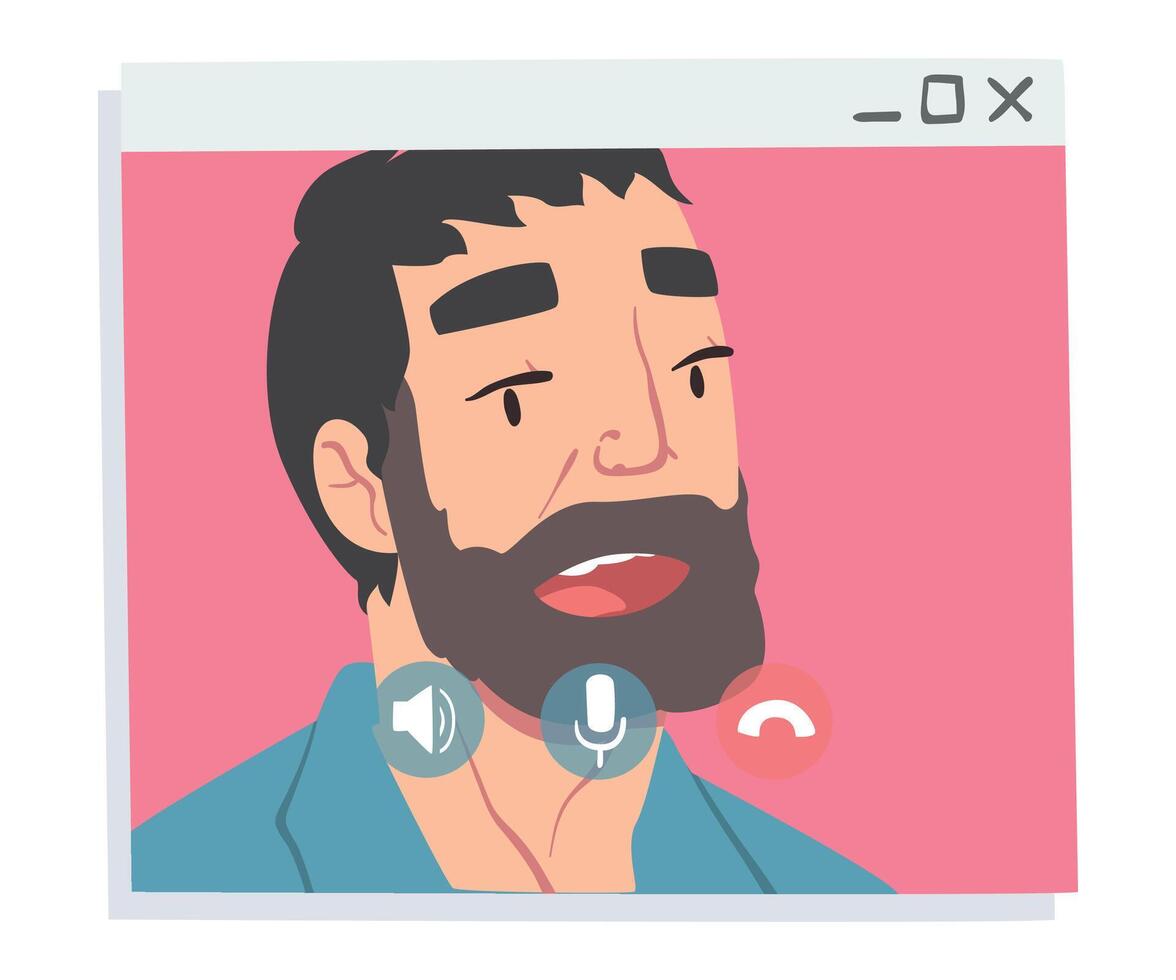 Bearded Man Having Call, People Talking to Each Other on Computer Screen, Conference Call, Working from Home, Social Distancing Illustration vector