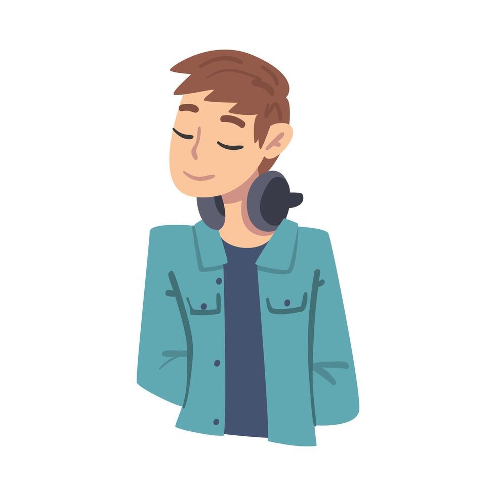 Teen Boy Thinking up an Idea with Happy Facial Expression, Teenager Dreaming about Something with Closed Eyes Cartoon Style Illustration vector