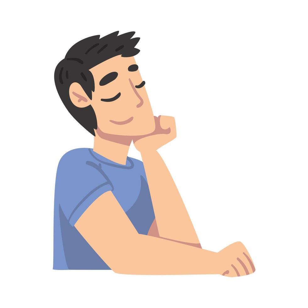 Cheerful Young Man Thinking up an Idea, Man Relaxing and Dreaming about Something Cartoon Style Illustration vector