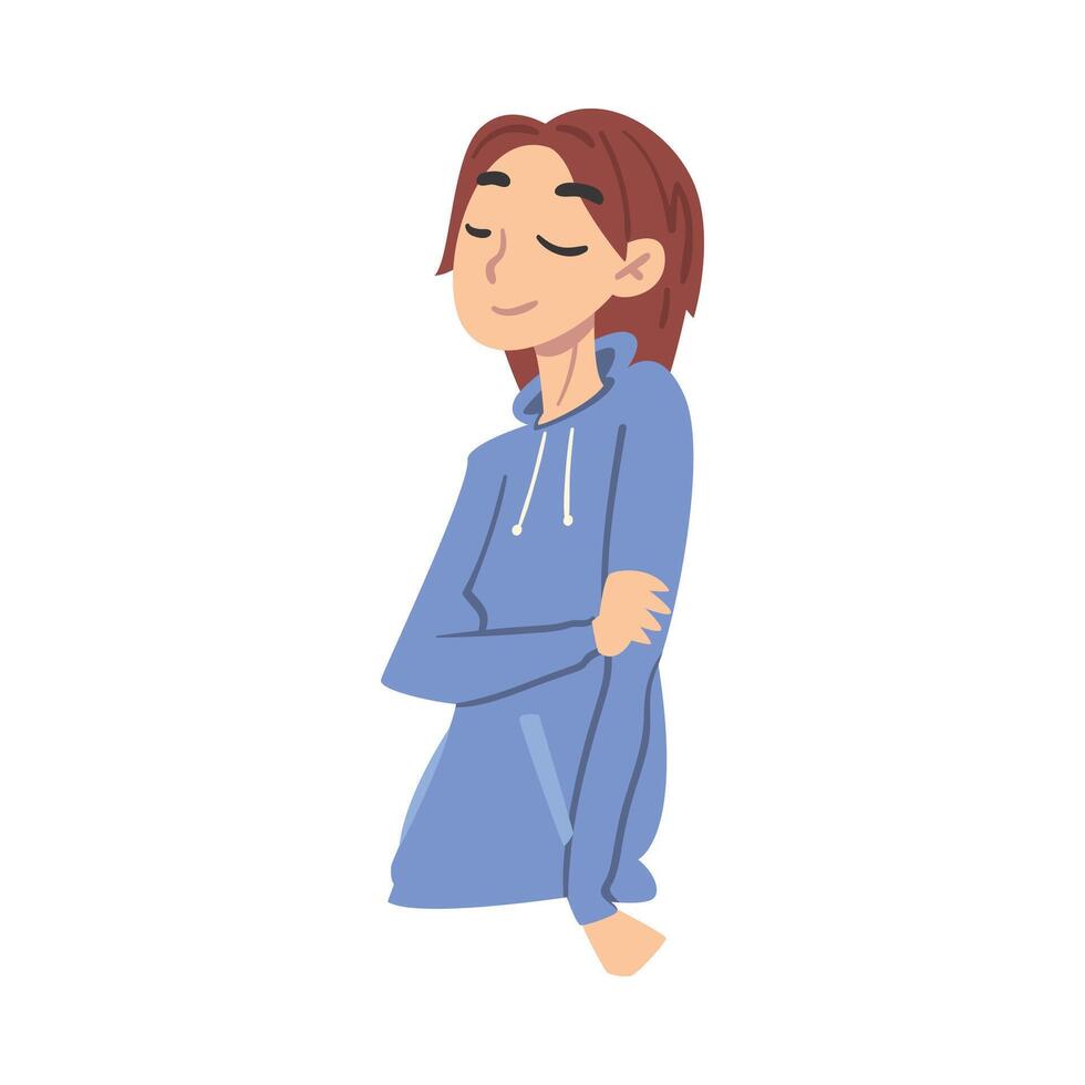 Teen Girl Thinking up an Idea with Happy Facial Expression and Closed Eyes, Teenager Dreaming about Something Cartoon Style Illustration vector