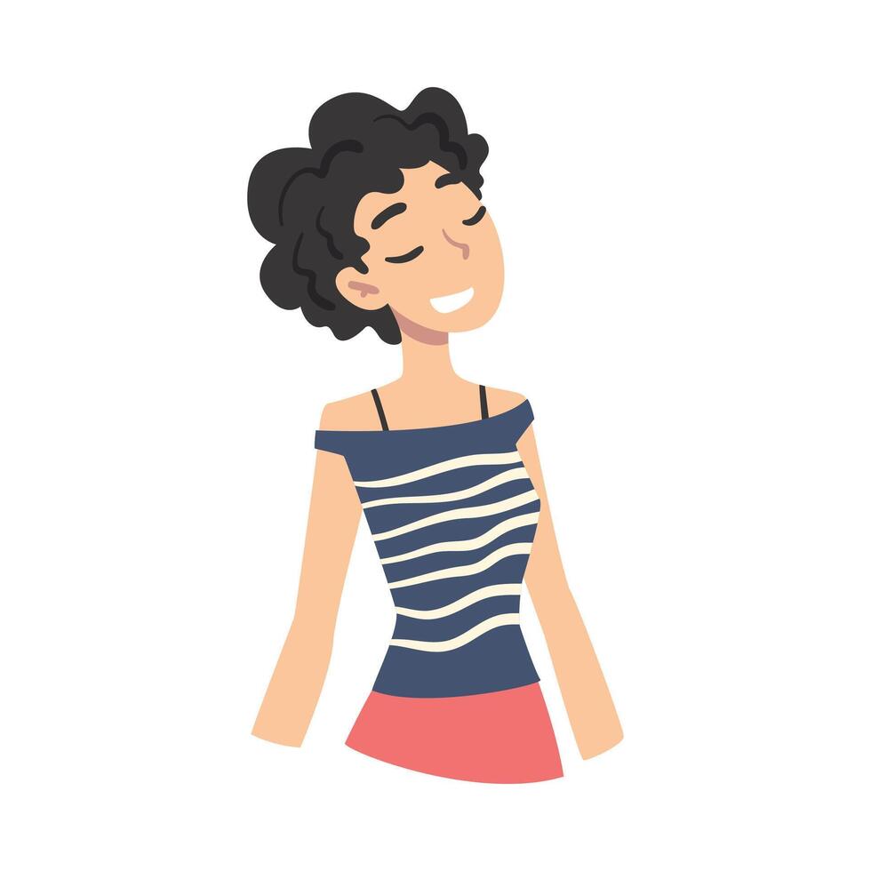 Brunette Girl Thinking up an Idea, Female Person Dreaming about Something with Happy Facial Expression Cartoon Style Illustration vector