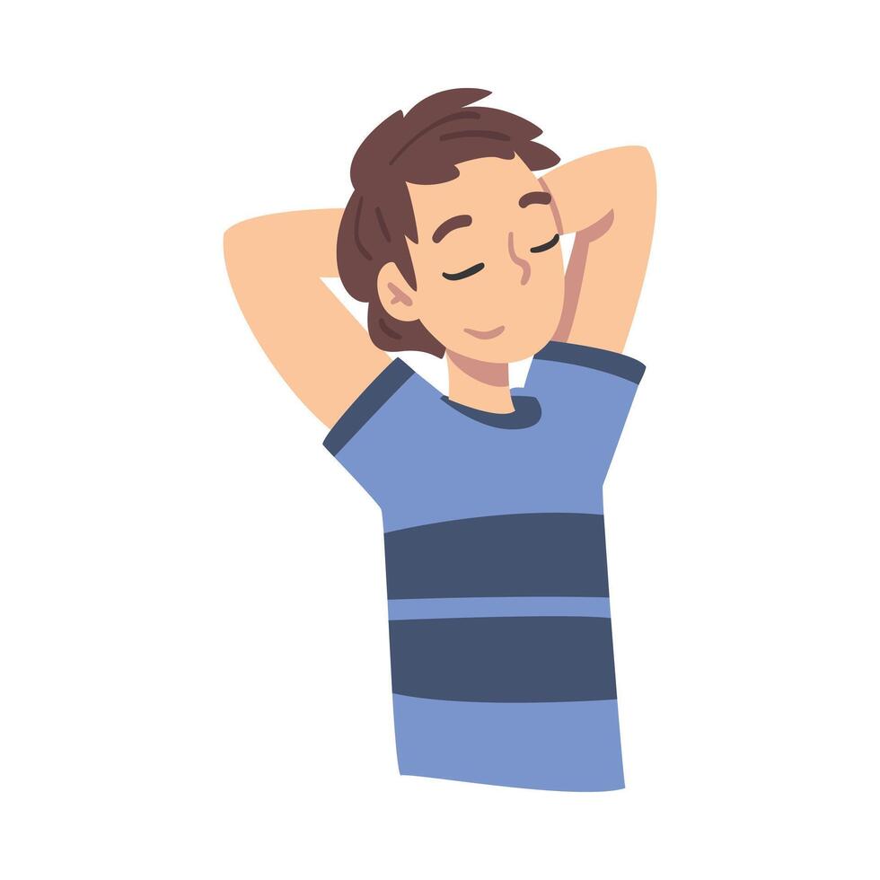 Teen Boy Thinking up an Idea with Happy Facial Expression, Teenager Dreaming about Something Throwing Hands over his Head Cartoon Style Illustration vector