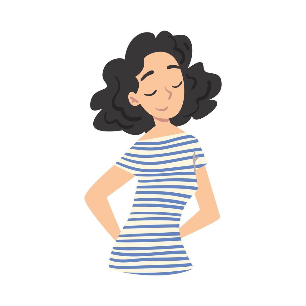 Brunette Girl Dreaming about Something, Woman Thinking up an Idea with Happy Facial Expression Cartoon Style Illustration vector