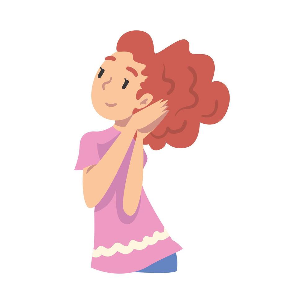 Redhead Girl Looking away Thoughtfully, Teenage Girl Dreaming about Something Cartoon Style Illustration vector
