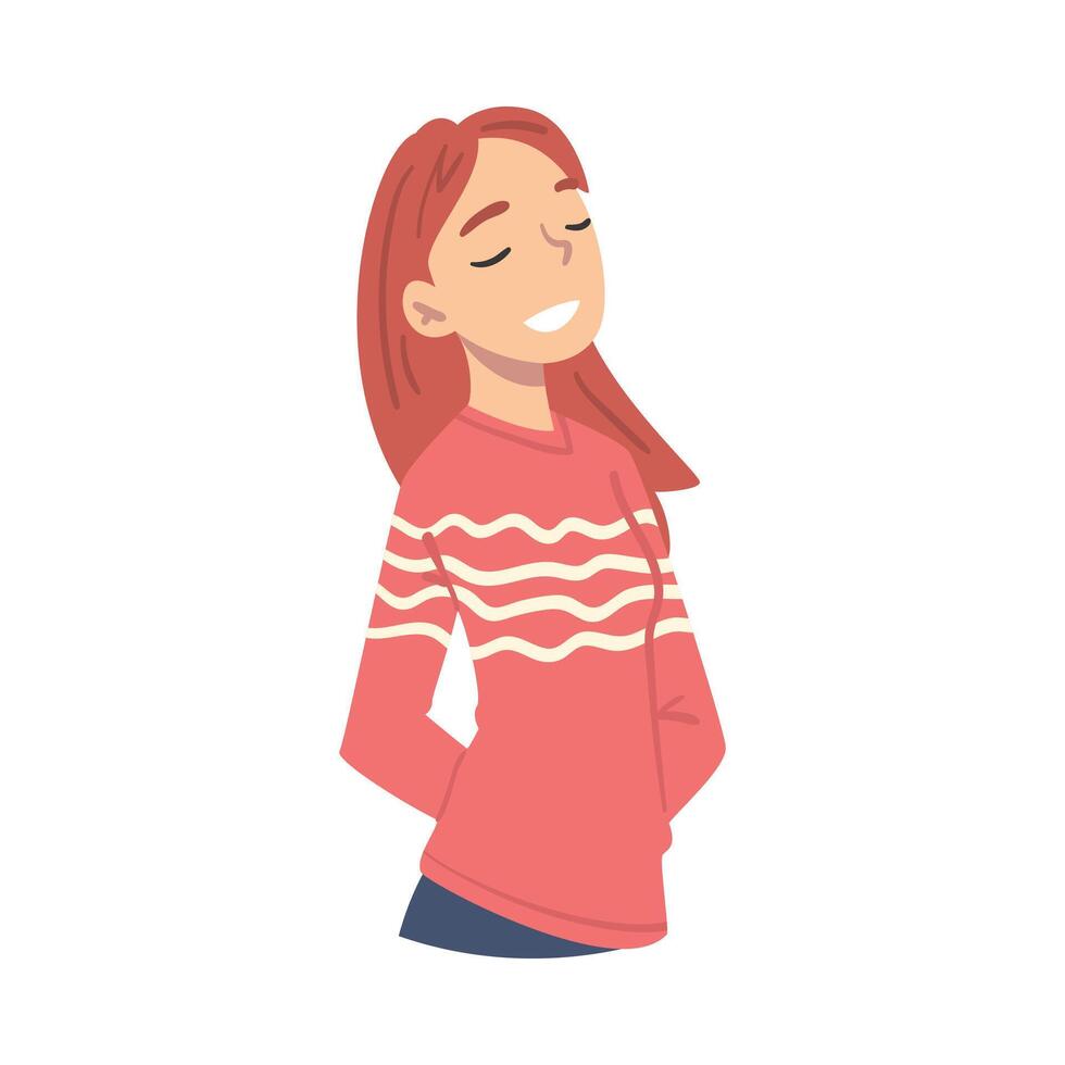 Redhead Girl Thinking up an Idea with Happy Facial Expression, Person Relaxing and Dreaming about Something Cartoon Style Illustration vector