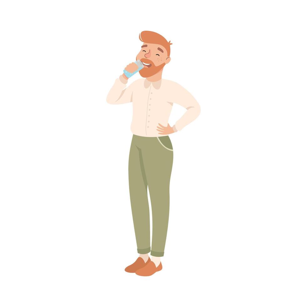 Bearded Man Drinking Clean Water from Plastic Bottle, Man Quenching Thirst, Healthy Lifestyle Concept Cartoon Style Illustration vector