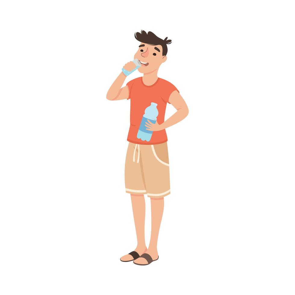 Guy Drinking Clean Water from Plastic Bottle, Man Quenching Thirst, Healthy Lifestyle Concept Cartoon Style Illustration vector