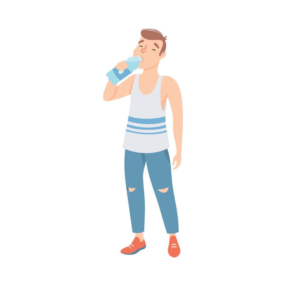 Man Drinking Clean Water from Plastic Bottle, Person Quenching Thirst at Hot Summer Weather, Healthy Lifestyle Concept Cartoon Style Illustration vector
