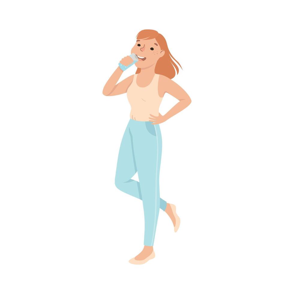 Happy Smiling Girl Drinking Clean Water from Plastic Bottle, Woman Quenching Thirst at Hot Summer Weather Cartoon Style Illustration vector