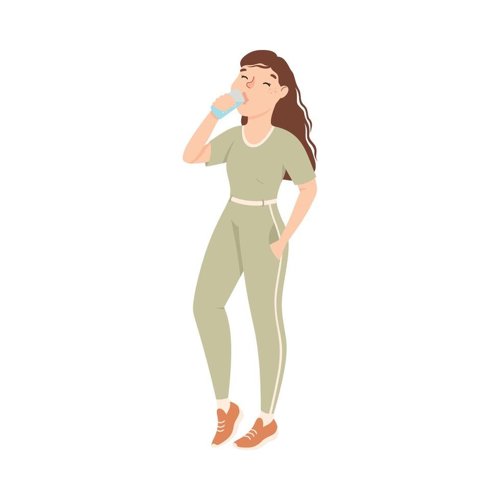 Girl Drinking Clean Water from Plastic Bottle, Female Person Quenching Thirst at Hot Summer Weather, Healthy Lifestyle Concept Cartoon Style Illustration vector