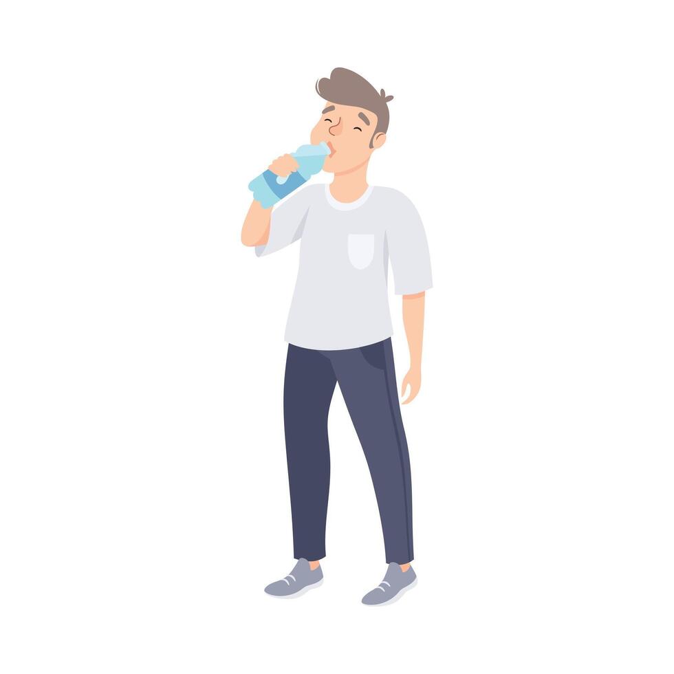 Guy Drinking Clean Water from Plastic Bottle, Man Quenching Thirst at Hot Summer Weather, Healthy Lifestyle Concept Cartoon Style Illustration vector