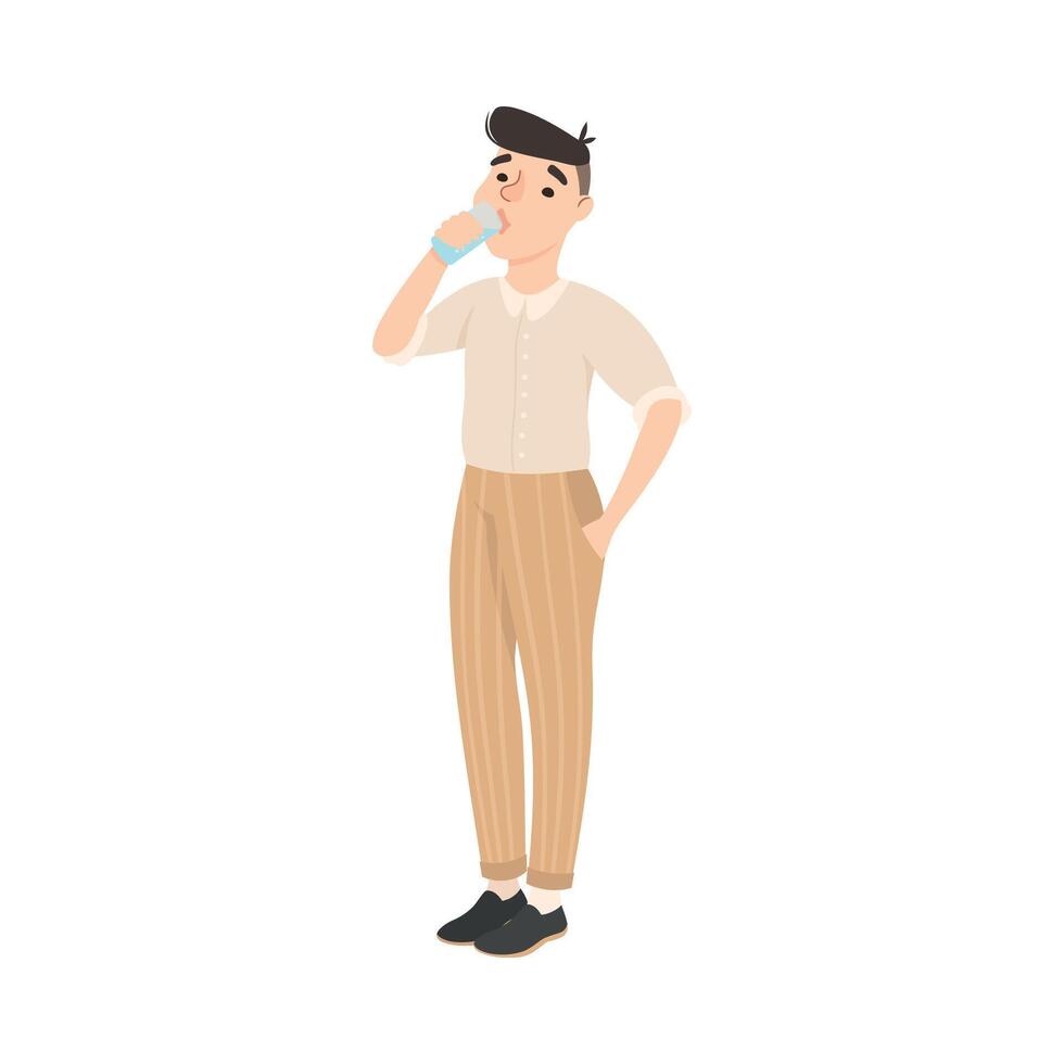 Man Drinking Clean Water from Plastic Bottle, Guy Quenching Thirst Cartoon Style Illustration vector
