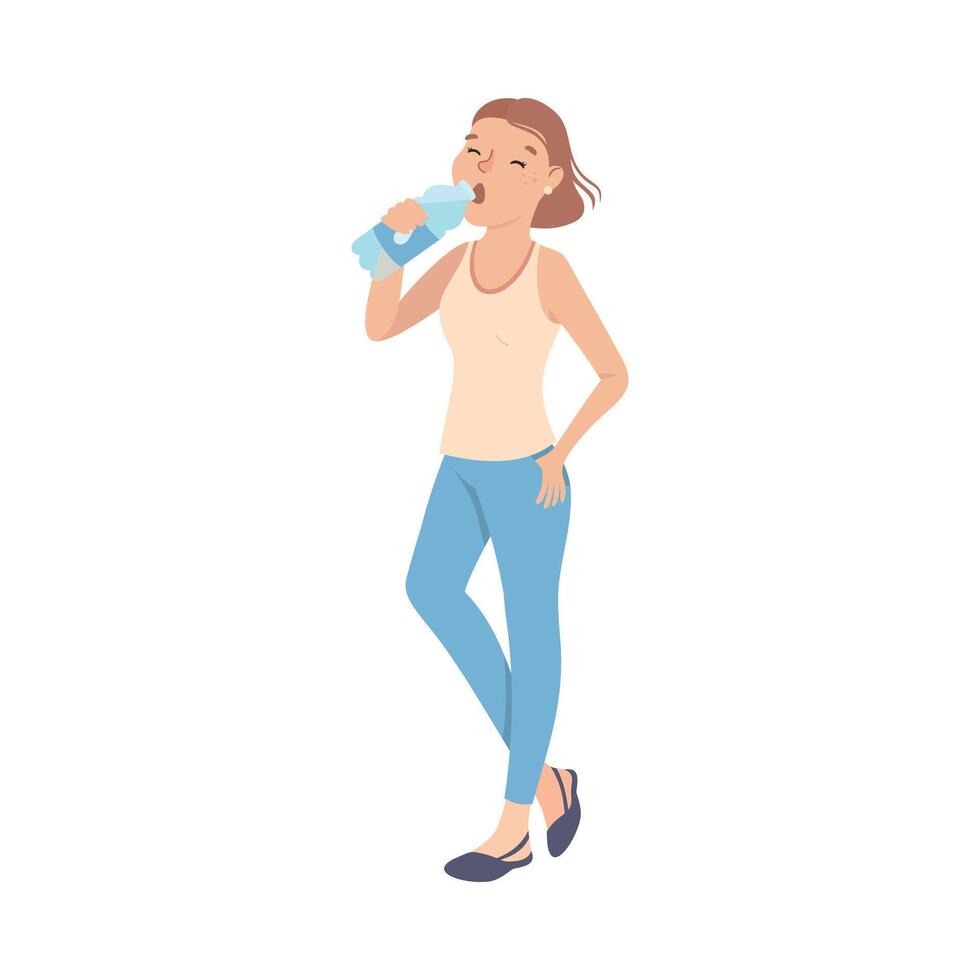 Girl Drinking Clean Water from Plastic Bottle, Person Quenching Thirst Cartoon Style Illustration vector