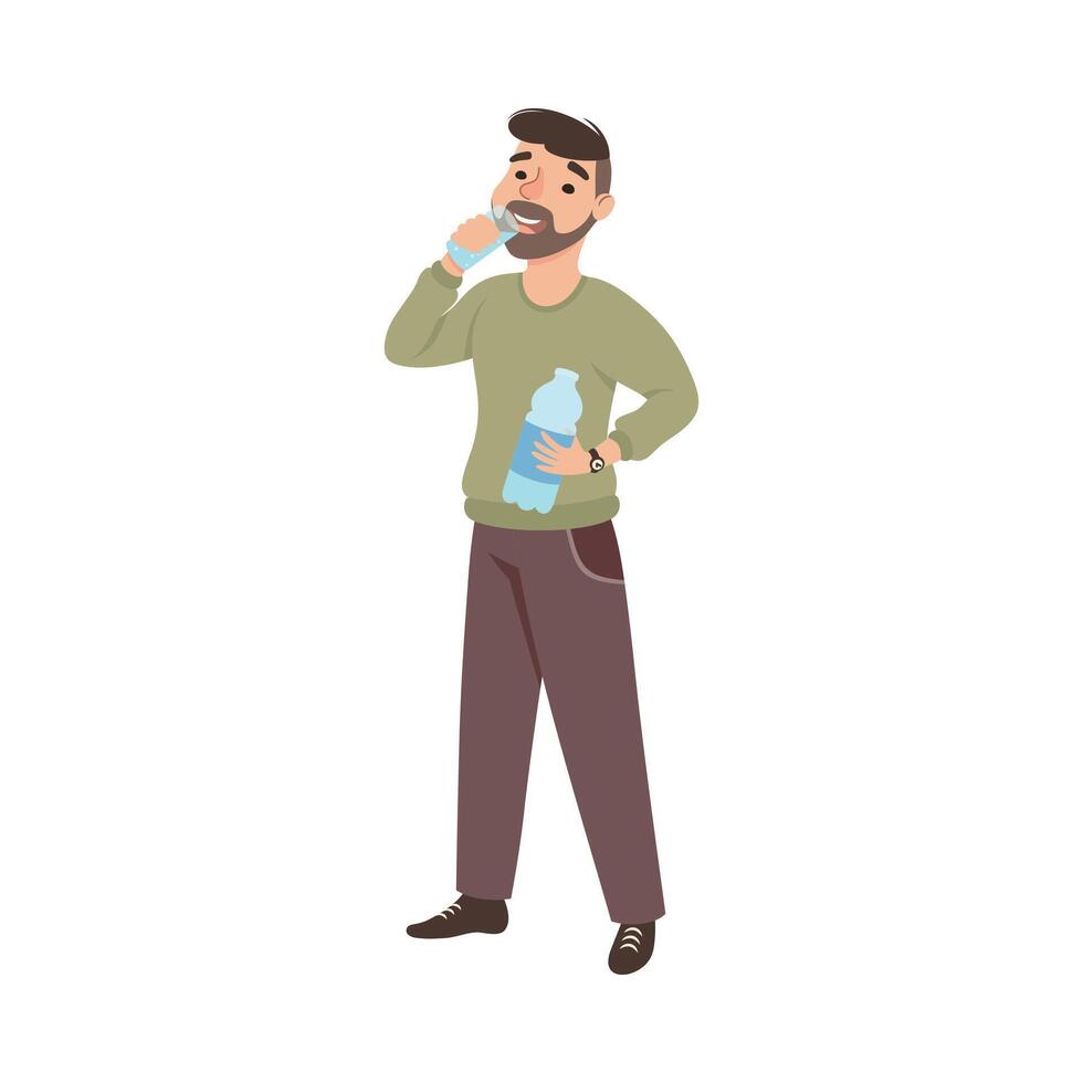 Bearded Man Drinking Water from Glass, Man Quenching Thirst, Healthy Lifestyle Concept Cartoon Style Illustration vector