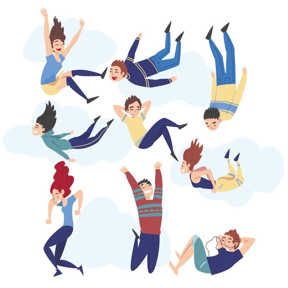 People Floating in the Sky, Happy Dreaming Boys and Girls Flying in the Air Cartoon Style Illustration vector
