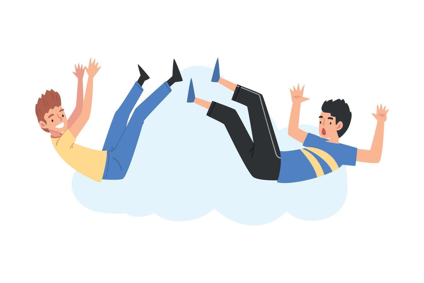 Teenage Boys Floating in the Sky, Happy Dreaming Guys Flying in the Air Cartoon Style Illustration vector