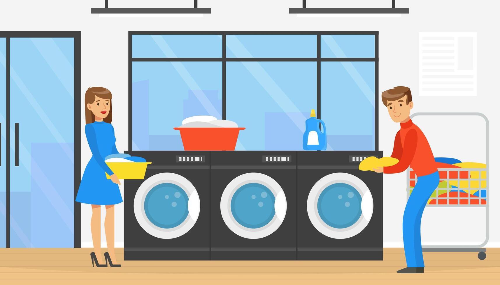 Public Laundrette with Laundromat Washing Machines, People Loading Clothes for Washing and Drying, Wash Service Concept Cartoon Illustration vector