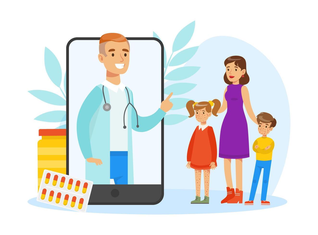 Family Having Consultation with Doctor Pediatrician Online, Mom with Sick Son and Daughter Talking to Medical Specialist on Smartphone Illustration vector