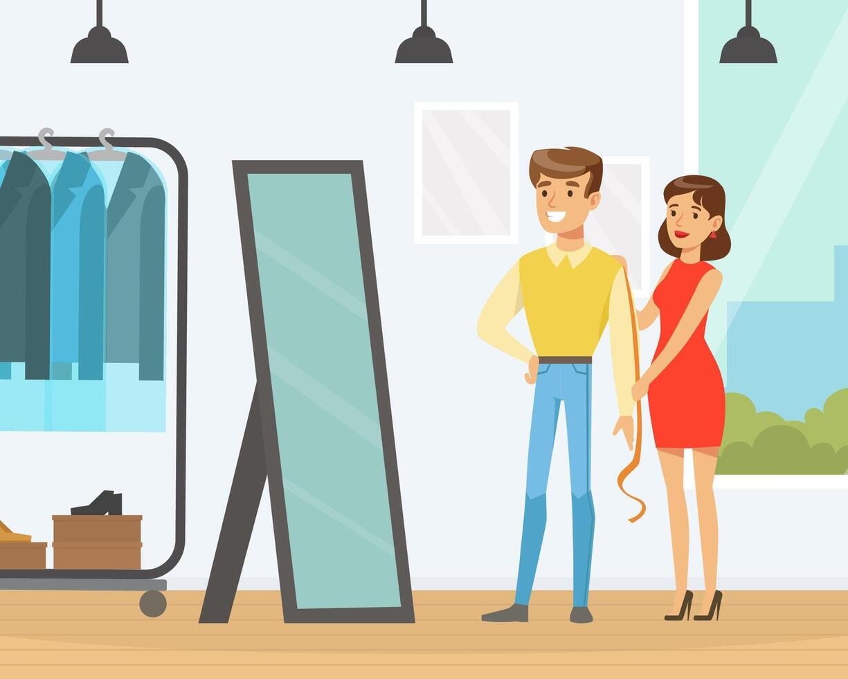 Young Man Making Clothes at Tailor, Woman Dressmaker Measuring Man with Tape for Suit Sewing Cartoon Illustration vector