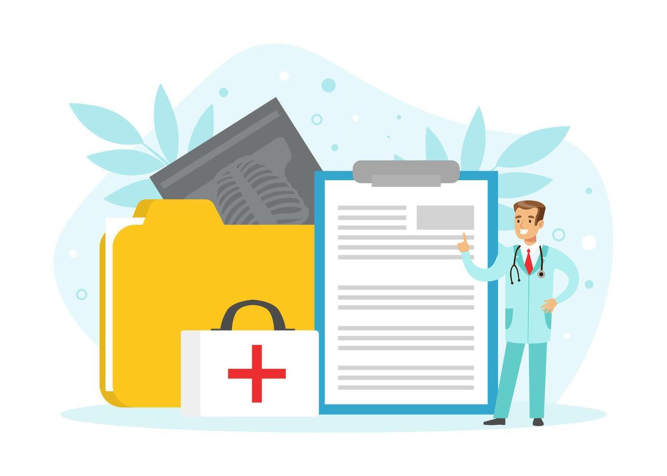 Tiny Doctor with Patient Card Folder, Medical Report, Analysis, Prescription, Medical Care and Treatment Concept Illustration vector