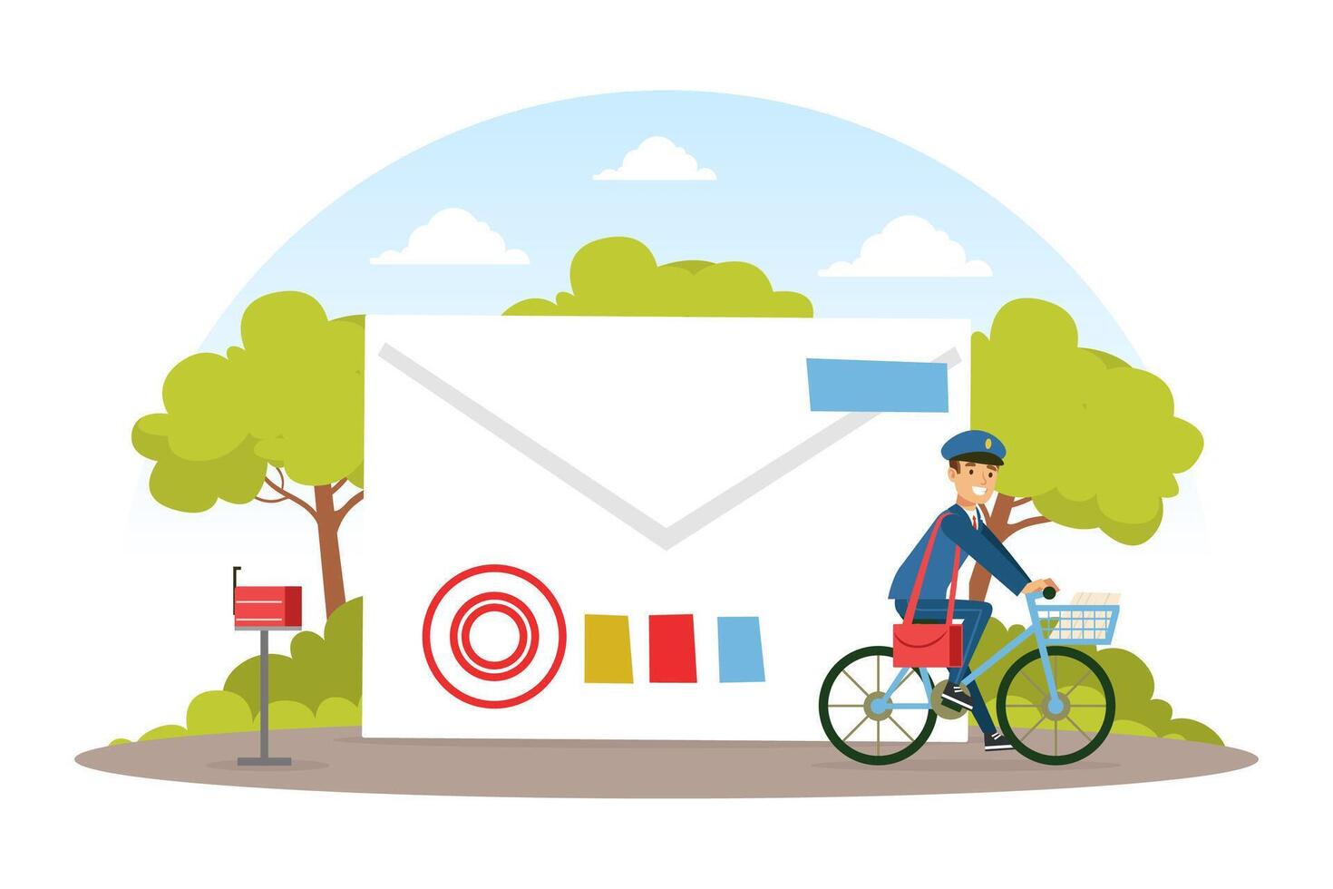Postman Riding on Bike, Mailman in Blue Uniform Delivering Mails and Parcels to Customers, Mail Delivery Service Concept Illustration vector