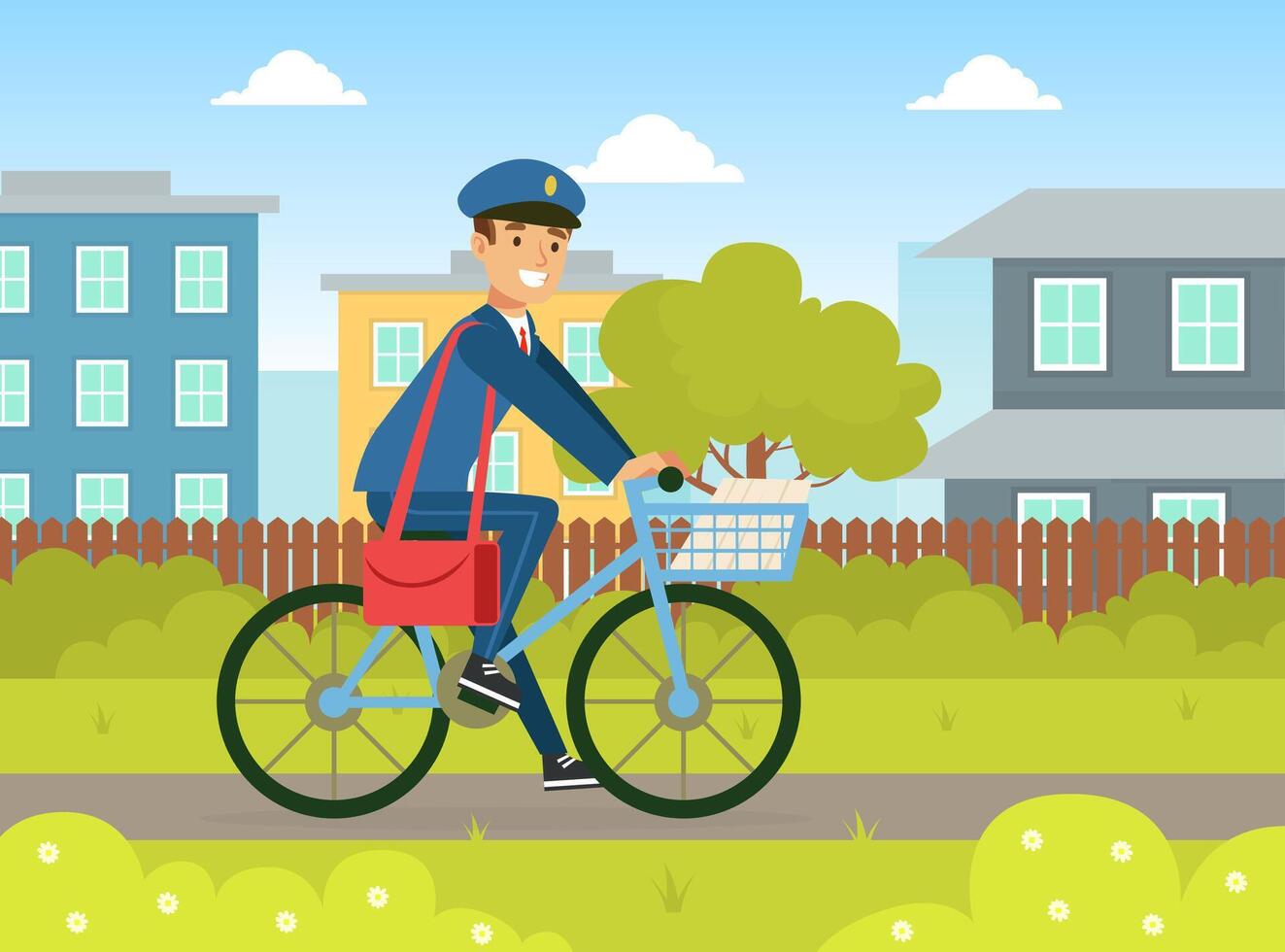 Postman in Blue Uniform Delivering Mails to Customers on Bike, Delivery Service Concept Illustration vector