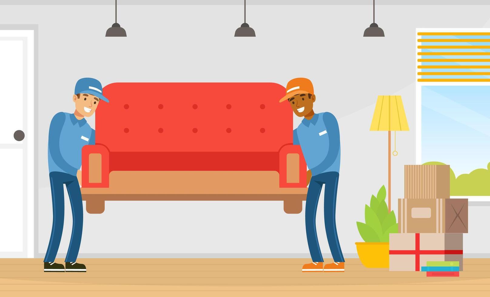 Furniture Delivery Service, Two Delivery Men in Uniform Carrying Sofa to Customer Apartments, Relocation Service Workers Illustration vector