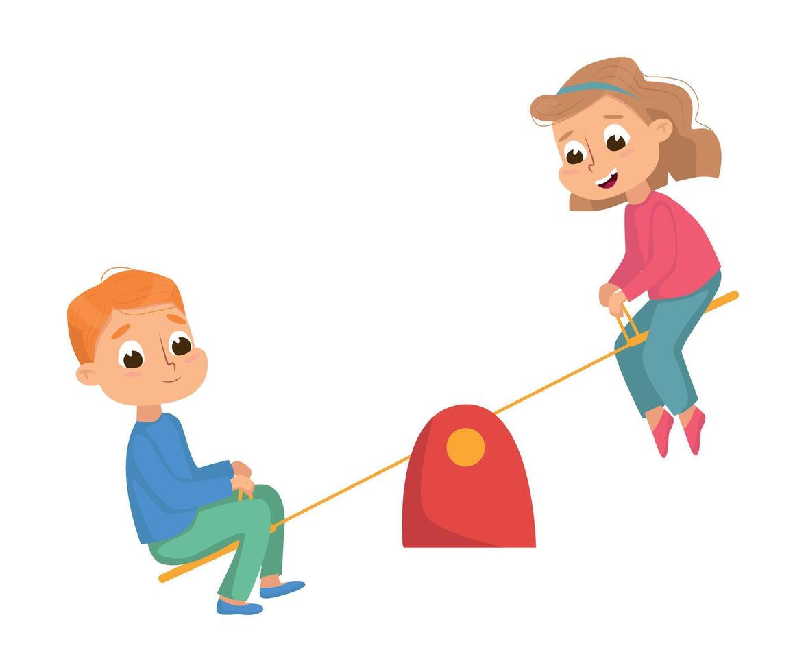 Boy and Girl Riding Seesaw, Kids Having Fun on Playground Cartoon Style Illustration vector
