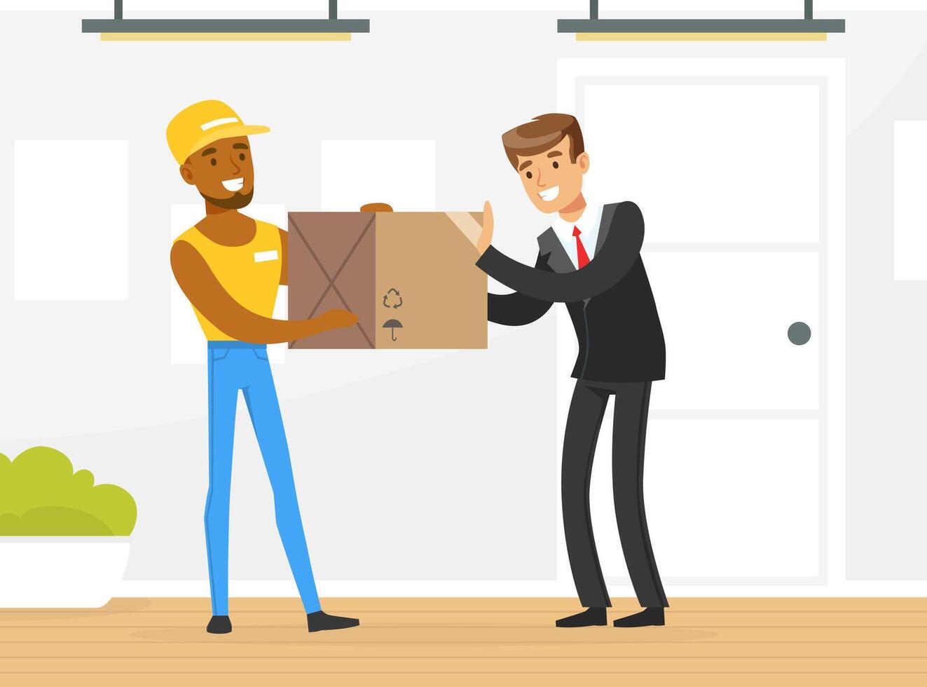 Cheerful Delivery Man Giving Cardboard Box to Male Customer Standing at Door of his Home, Delivery Service Concept Illustration vector