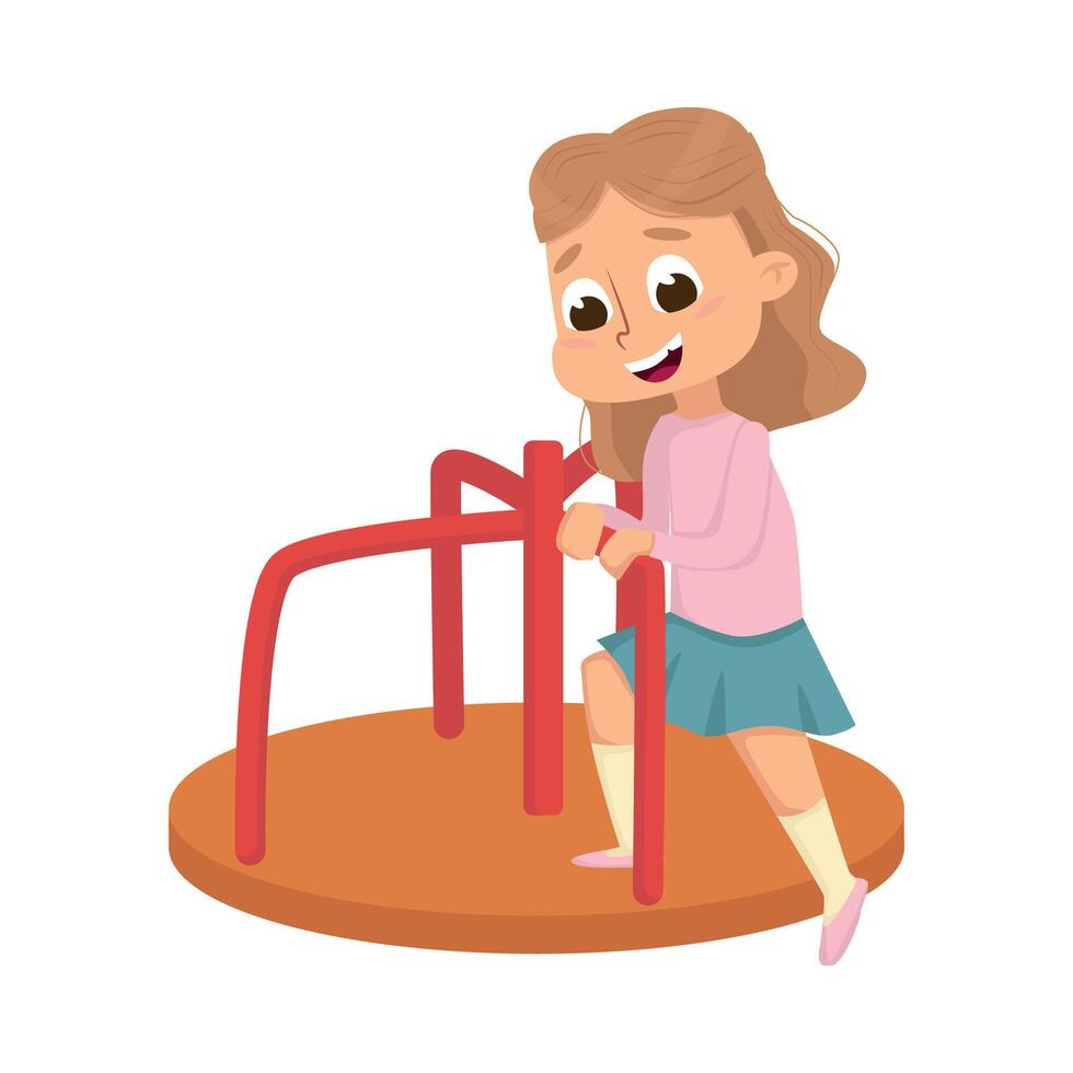 Cute Girl Playing Merry Go Round, Kid Having Fun on Playground Cartoon Style Illustration vector
