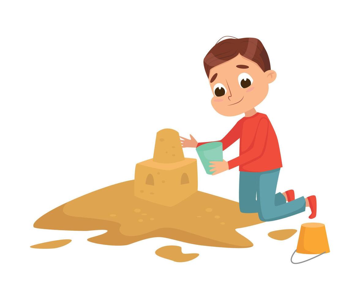 Little Boy Playing on Pile of Sand, Kid Building Sand Castle on Playground Cartoon Style Illustration vector