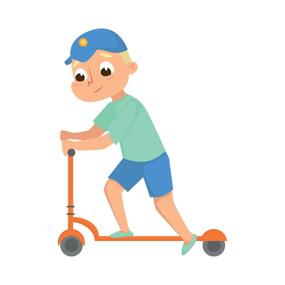 Cute Boy Riding Kick Scooter, Kids Having Fun on Playground Outdoors Cartoon Style Illustration vector