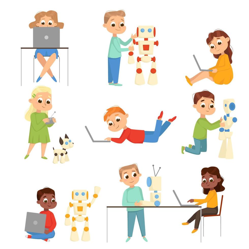 Kids Programmer Characters Set, Boys and Girls Using Computers, Creating and Programming Smart Robots, Kids Educational Projects Cartoon Style Illustration vector