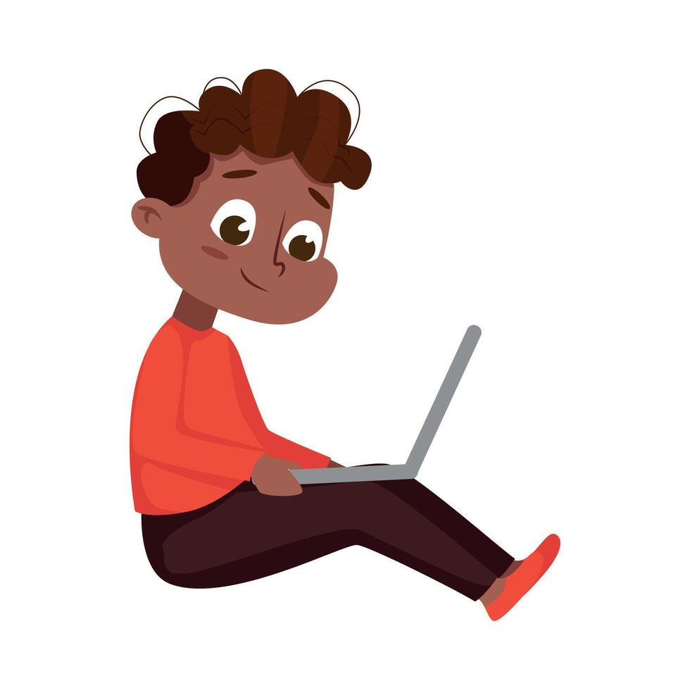 Cute Little African American Boy Using Laptop Computer, Online Education or Courses, Kid Programmer Character Cartoon Style Illustration vector