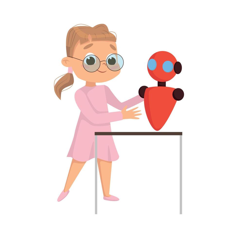 Cute Girl Creating and Programming Smart Robot, Kids Educational Project Cartoon Style Illustration vector