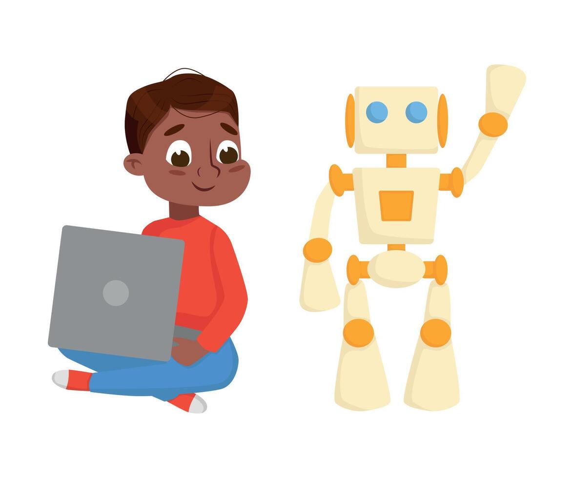 Boy Programming Smart Robot, Electronics Education, High Tech Hardware Engineering Cartoon Style Illustration vector