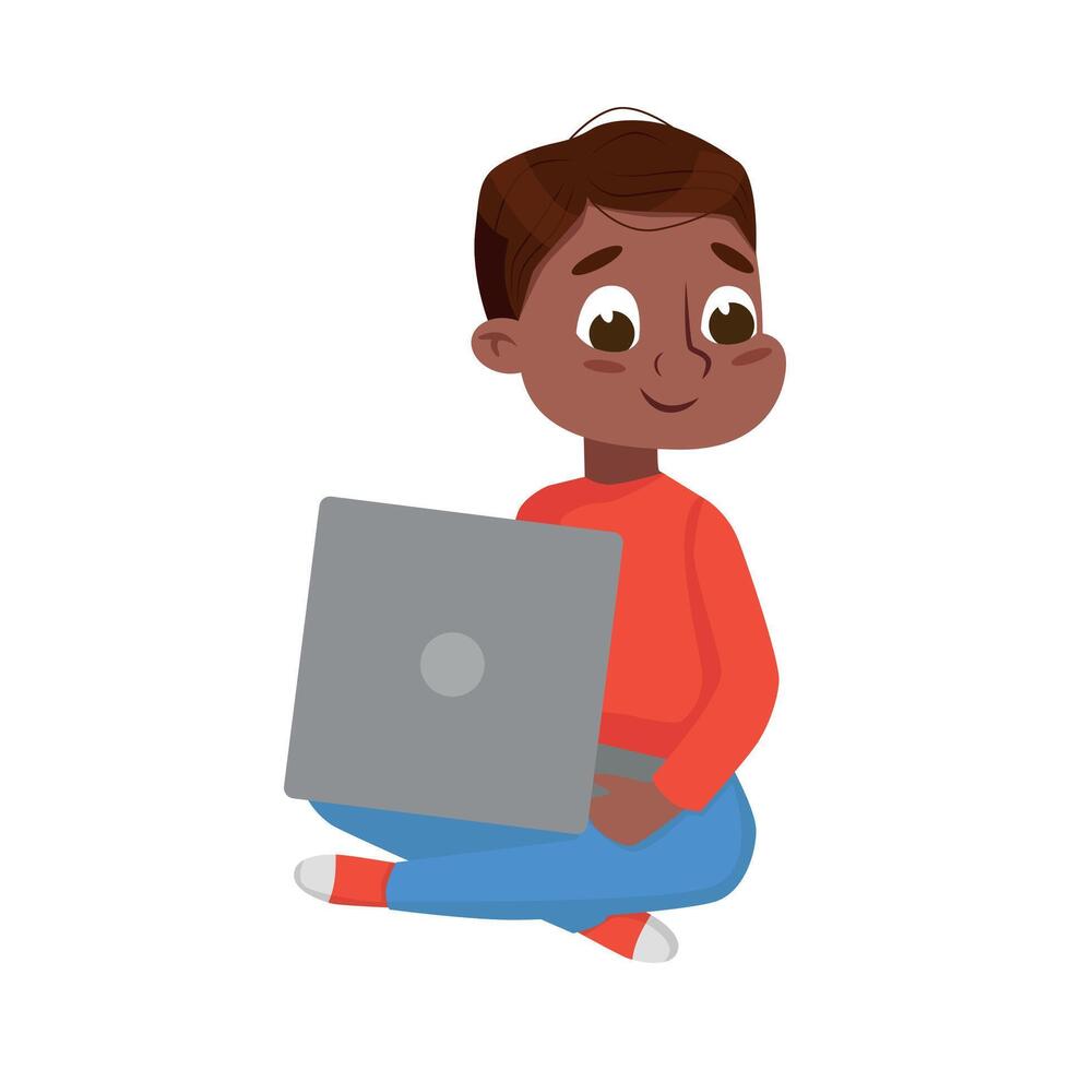 Cute Little Boy Sitting on Floor with Crossed Legs Using Laptop Computer, Online Education or Course, Kid Programmer Character Cartoon Style Illustration vector