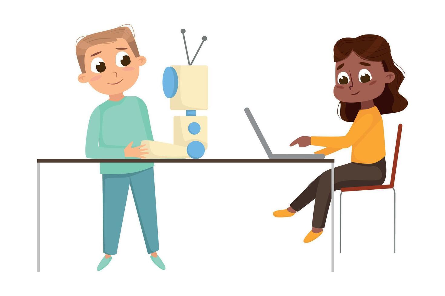 Cute Girl and Boy Creating and Programming Smart Robot, Kids Educational Project Cartoon Style Illustration vector