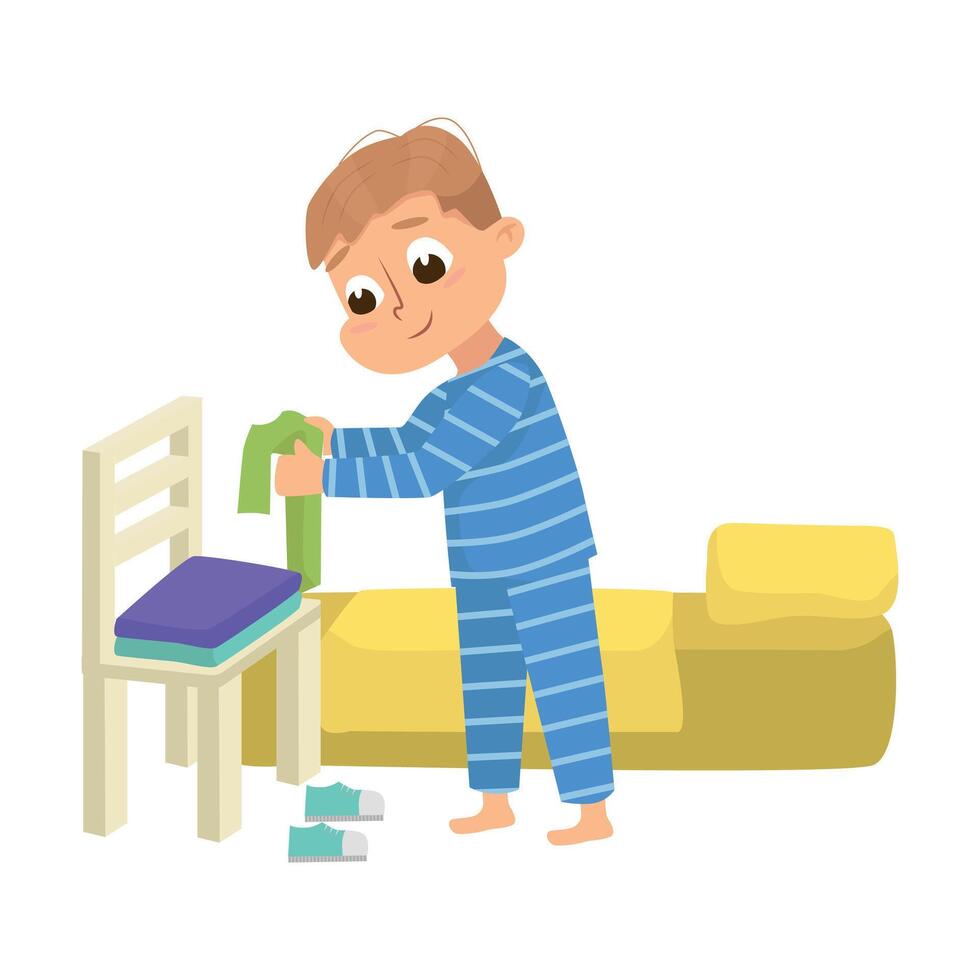 Cute Boy in Pajamas Getting Ready to Sleep Cartoon Style Illustration vector