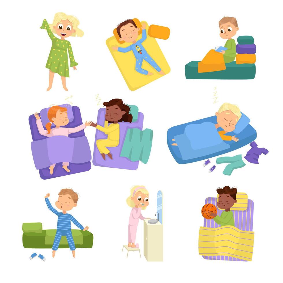 Cute Little Children Sleeping Sweetly in their Beds Set, Bedtime, Sweet Dreams of Adorable Kids Concept Cartoon Style Illustration vector