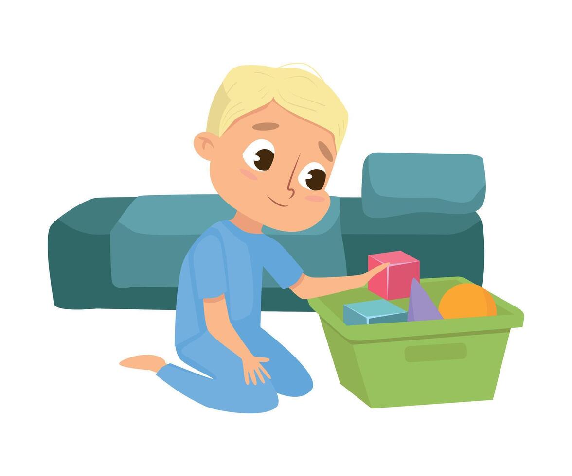Boy in Pajamas Playing Toys, Kids Pastime before Sleeping Cartoon Style Illustration vector