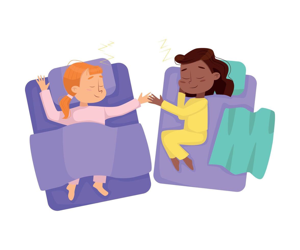 Top View of Lovely Little Girls Sleeping Sweetly in their Beds, Bedtime, Sweet Dreams of Adorable Kid Concept Cartoon Style Illustration vector