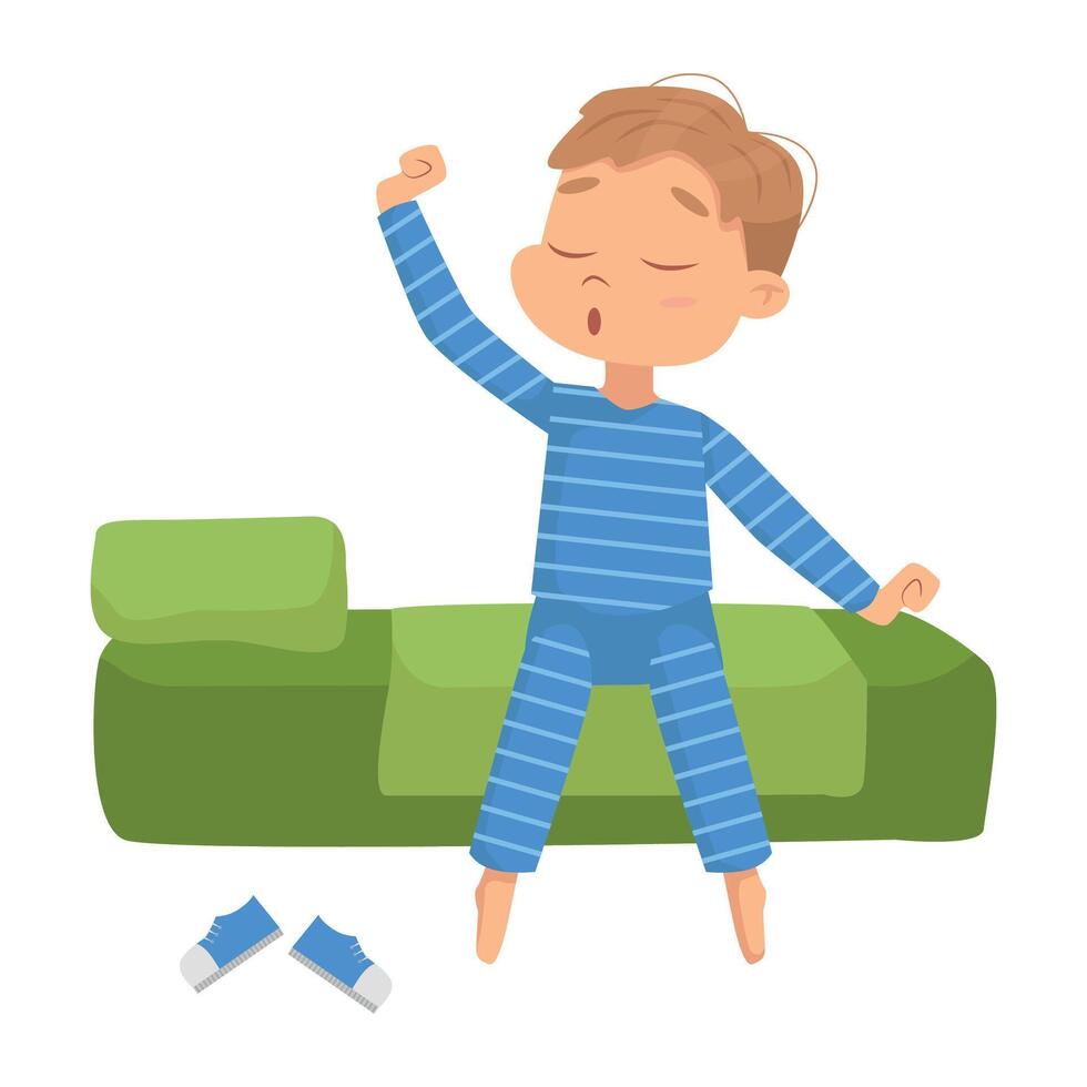 Cute Boy in Pajamas Waking up and Stretching in Morning Cartoon Style Illustration vector