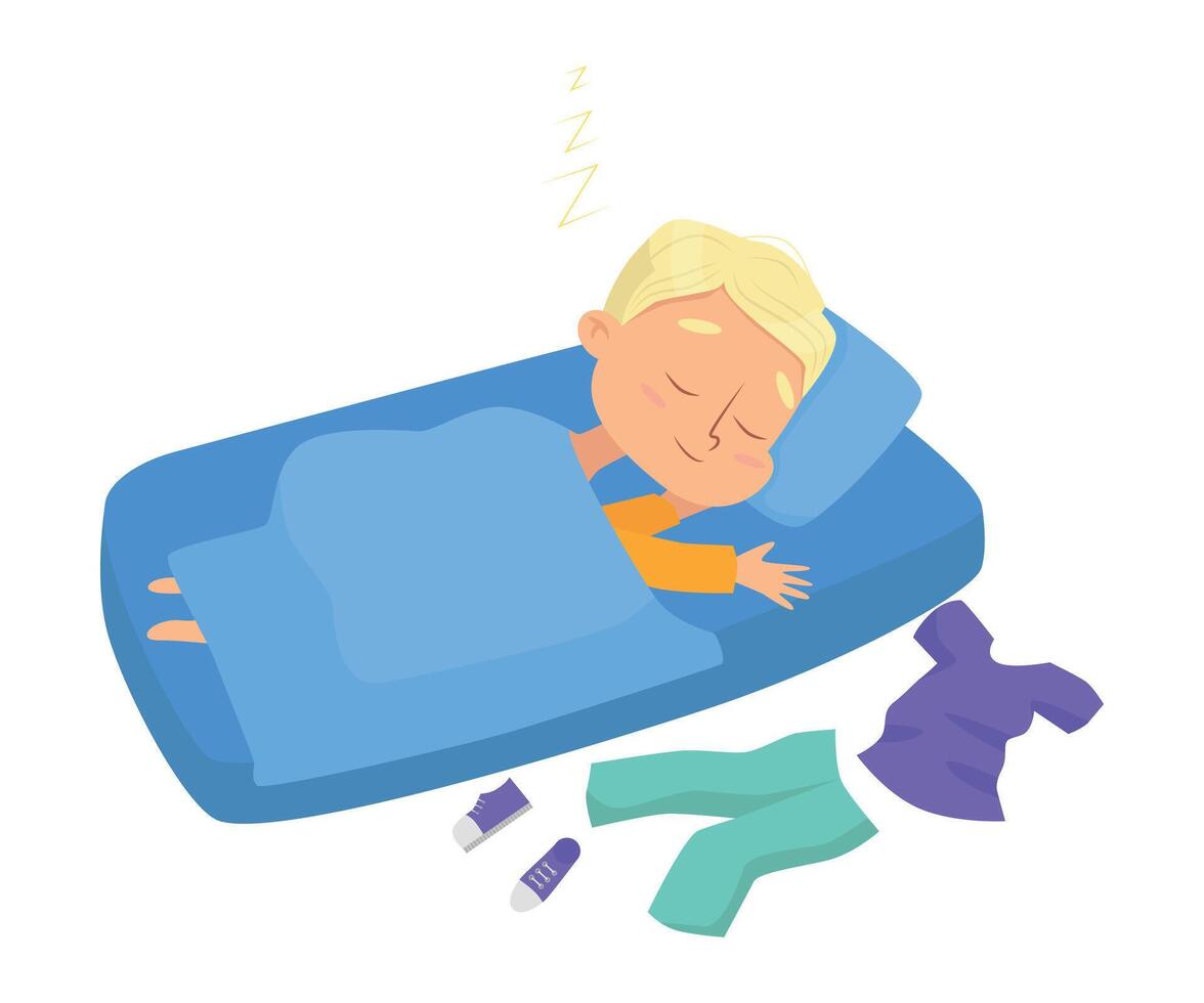 Lovely Little Boy Sleeping Sweetly in his Bed, Bedtime, Sweet Dreams of Adorable Kid Concept Cartoon Style Illustration vector